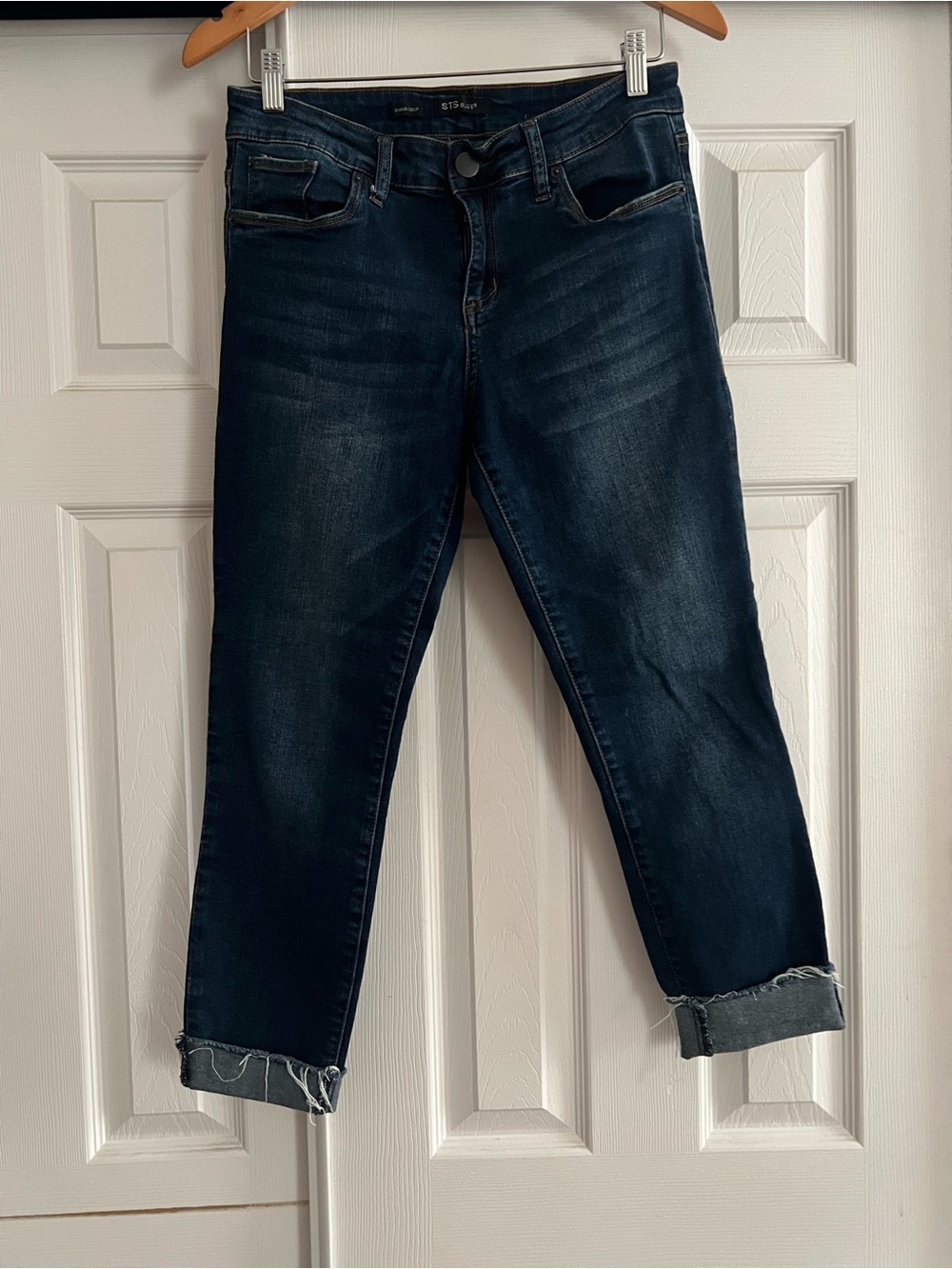 STS Blue Dark Wash Boyfriend Jeans with frayed crop